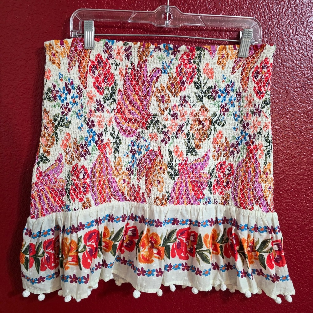 FARM Rio Women L/XL Skirt Set Spring Bananas Floral Pom Pom Smocked Multi - Picture 5 of 12